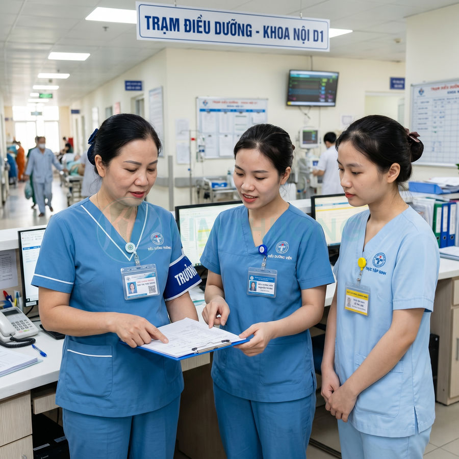 Điều dưỡng trưởng hướng dẫn hai điều dưỡng trẻ xem hồ sơ bệnh án tại trạm điều dưỡng khoa nội D1