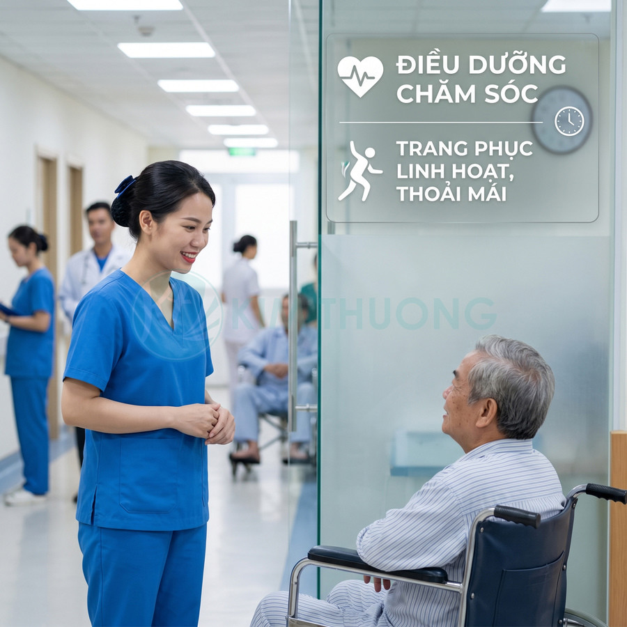 Điều dưỡng mặc đồng phục xanh chăm sóc bệnh nhân lớn tuổi ngồi xe lăn tại bệnh viện