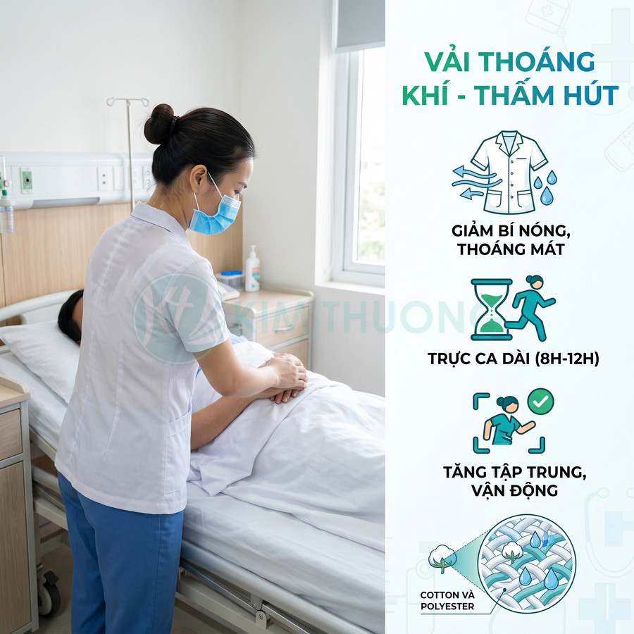 Đồng phục y tá vải cotton polyester thoáng khí thấm hút, giúp giảm bí nóng và thoải mái khi chăm sóc bệnh nhân