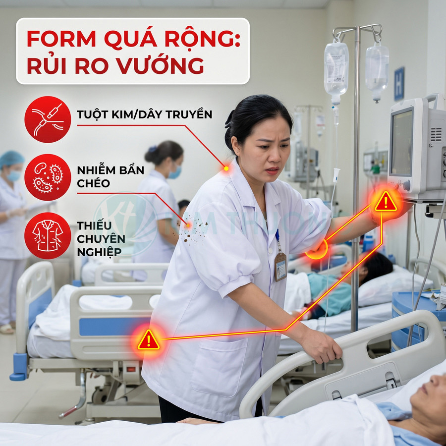 Điều dưỡng mặc áo blouse form rộng chăm sóc bệnh nhân, cảnh báo nguy cơ tuột kim và nhiễm bẩn chéo