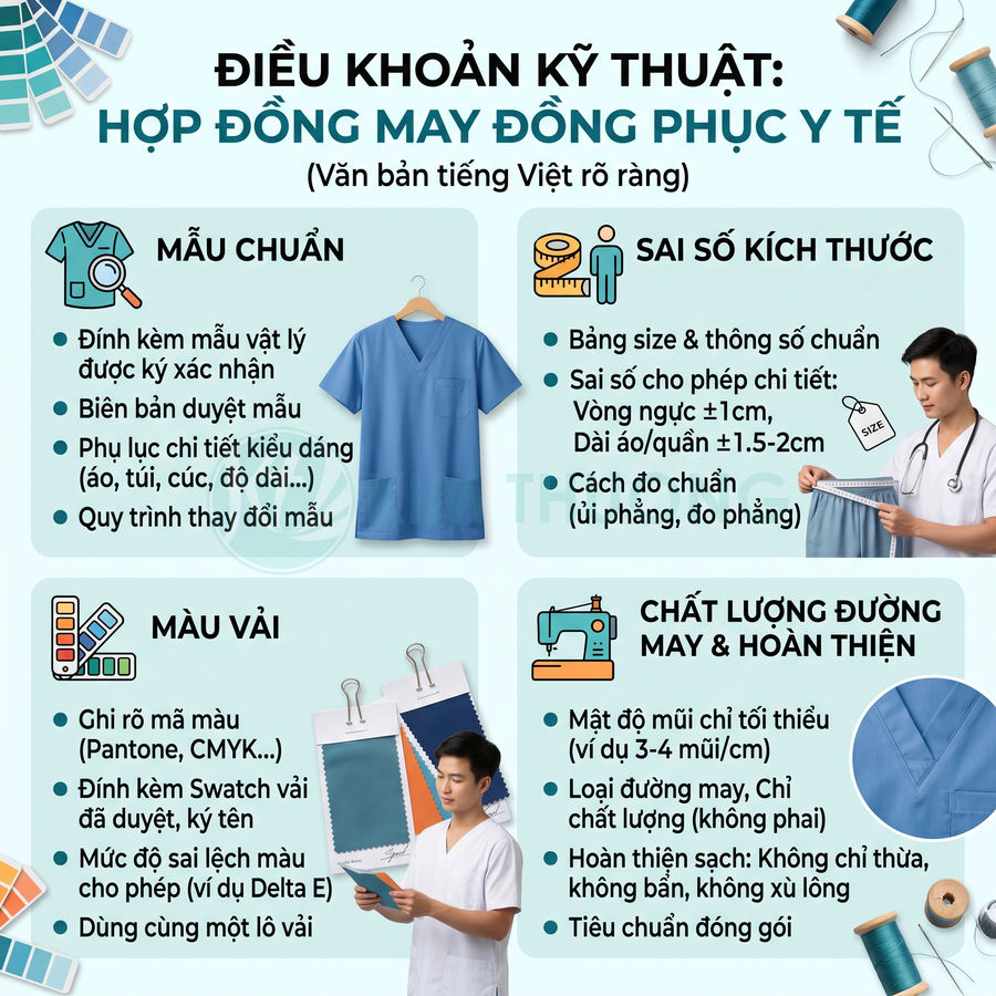 Infographic điều khoản kỹ thuật hợp đồng may đồng phục y tế với mẫu áo blouse và vải mẫu minh họa