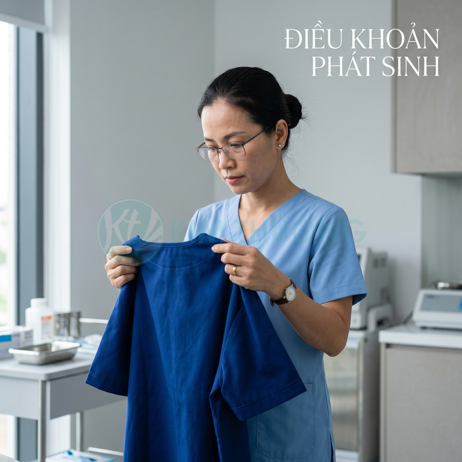 Nữ nhân viên y tế mặc scrub xanh nhạt đang kiểm tra áo blouse y tế màu xanh dương trong phòng khám
