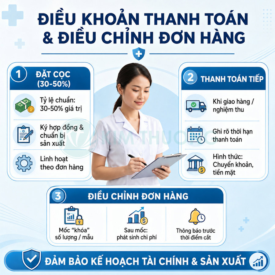 Điều khoản thanh toán và điều chỉnh đơn hàng với nhân viên y tế cầm bảng ghi chú