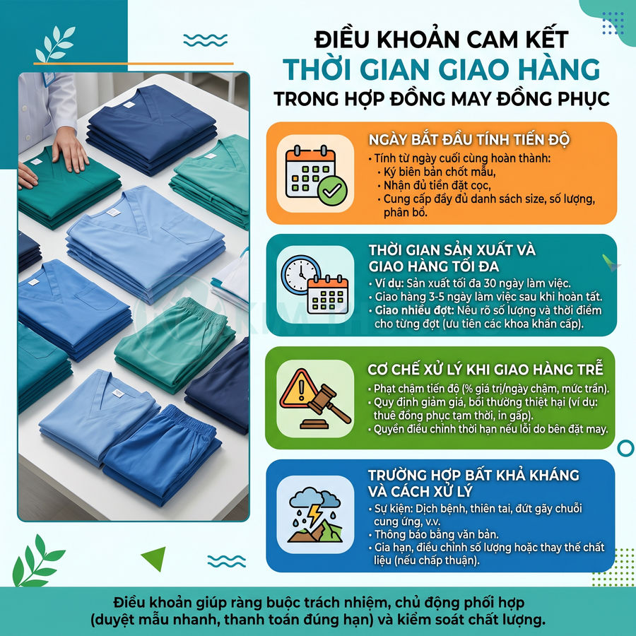 Đồng phục y tế nhiều màu sắc được gấp gọn gàng trên bàn kèm nội dung cam kết thời gian giao hàng