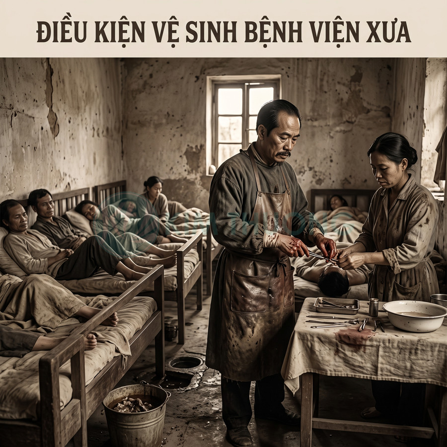 Bác sĩ và y tá phẫu thuật trong phòng bệnh viện xưa tồi tàn, bệnh nhân nằm chen chúc trên giường gỗ