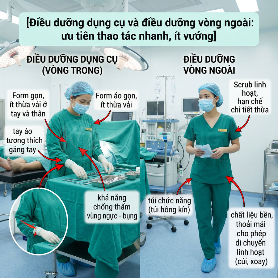 Đồng phục phẫu thuật cho điều dưỡng dụng cụ và điều dưỡng vòng ngoài trong phòng mổ bệnh viện