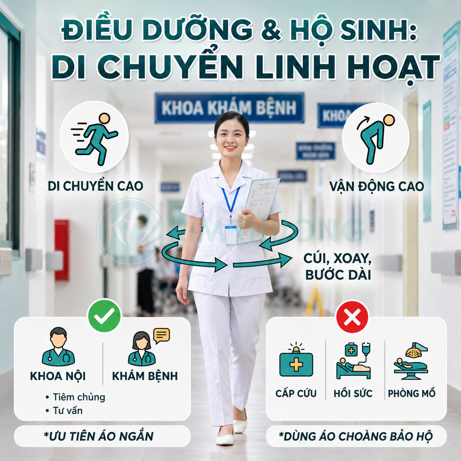 Nữ điều dưỡng mặc đồng phục trắng di chuyển trong hành lang bệnh viện với bảng hướng dẫn khoa khám bệnh