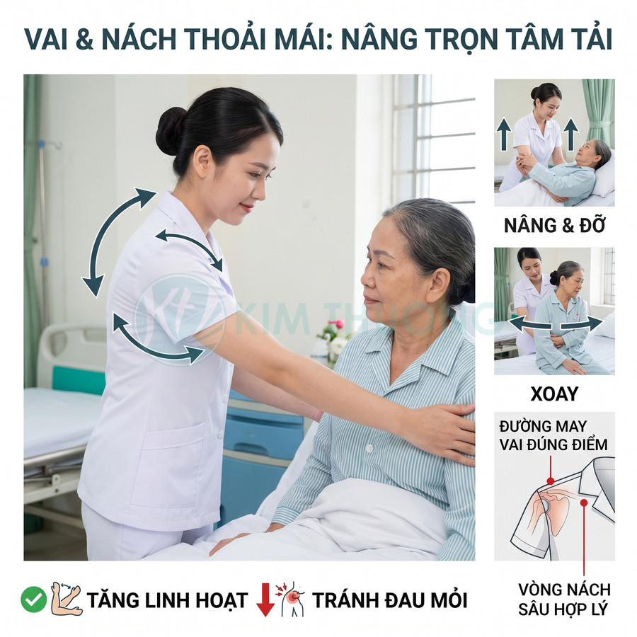 Điều dưỡng hỗ trợ bệnh nhân lớn tuổi mặc đồ bệnh viện Kim Thịnh với thiết kế vai nách thoải mái, dễ nâng đỡ xoay người
