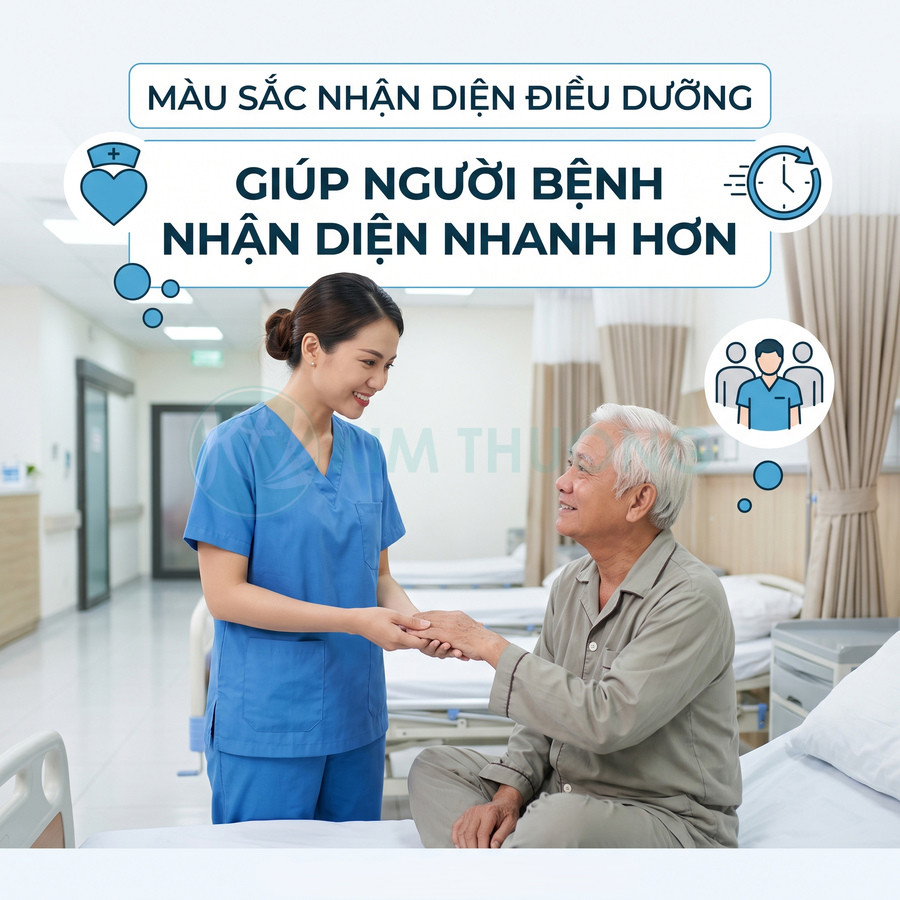 Điều dưỡng mặc đồng phục y tế màu xanh dương chăm sóc bệnh nhân cao tuổi trong phòng bệnh sạch sẽ