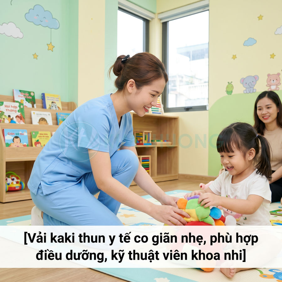 Điều dưỡng mặc đồng phục y tế vải kaki thun màu xanh chơi cùng bé trong phòng khám nhi