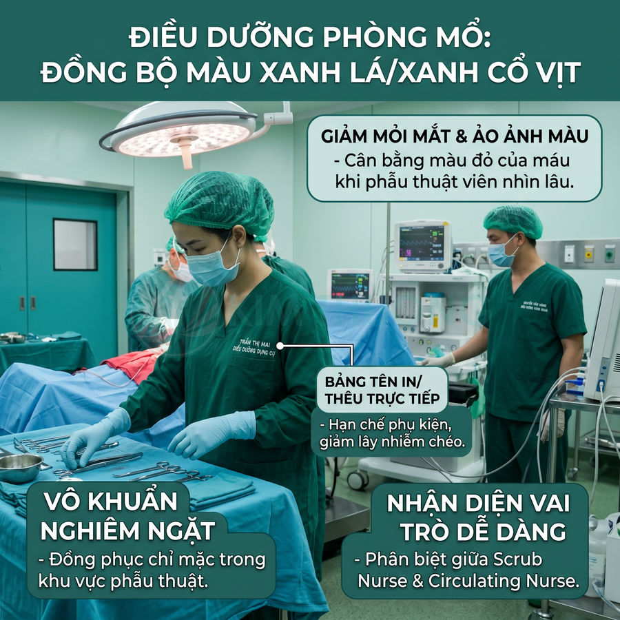 Điều dưỡng phòng mổ mặc đồng phục xanh lá vô khuẩn đang chuẩn bị dụng cụ phẫu thuật trong phòng mổ hiện đại