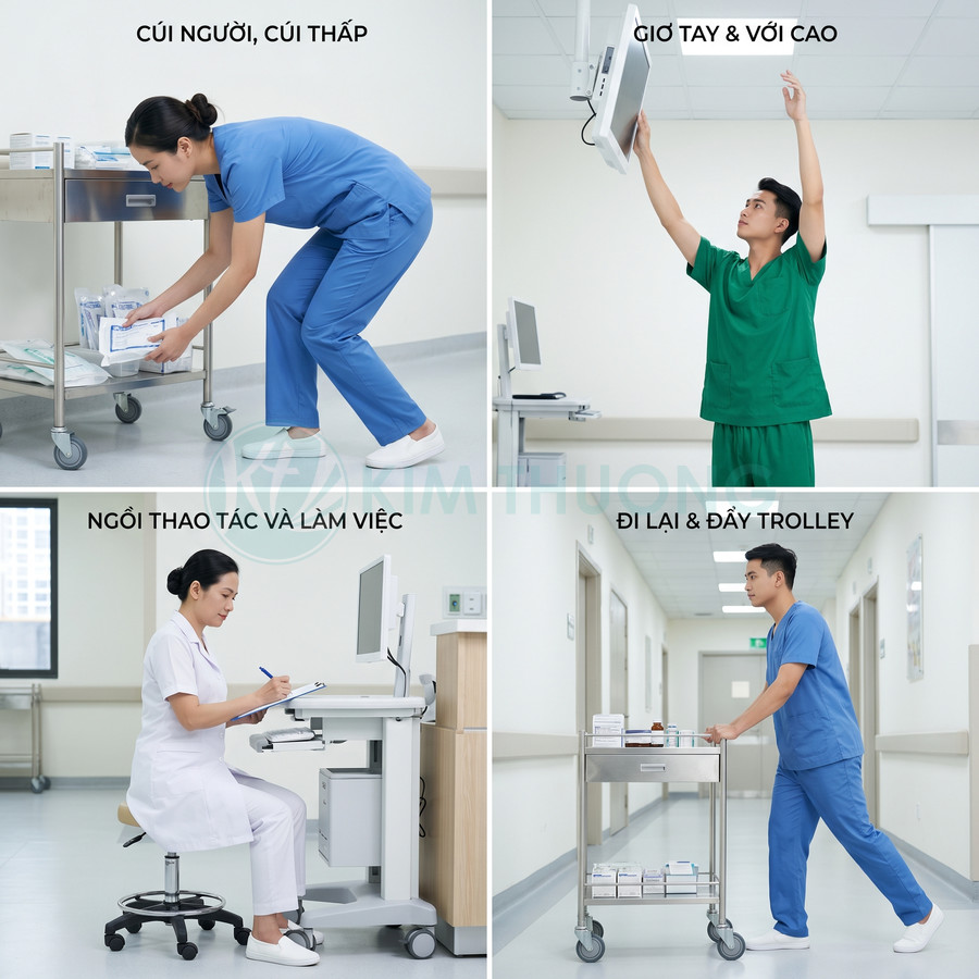 Nhân viên y tế mặc đồng phục bệnh viện thao tác với xe đẩy và máy tính trong hành lang và phòng khám
