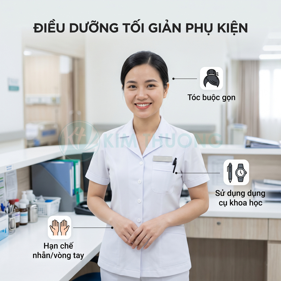 Điều dưỡng mặc đồng phục trắng gọn gàng, tóc buộc cao, hạn chế phụ kiện tay, sử dụng bút và đồng hồ chuyên dụng