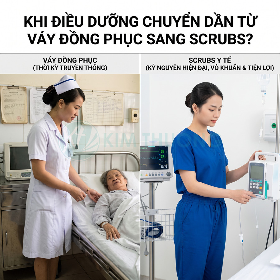 Điều dưỡng mặc váy đồng phục trắng và scrubs y tế xanh hiện đại trong phòng bệnh viện