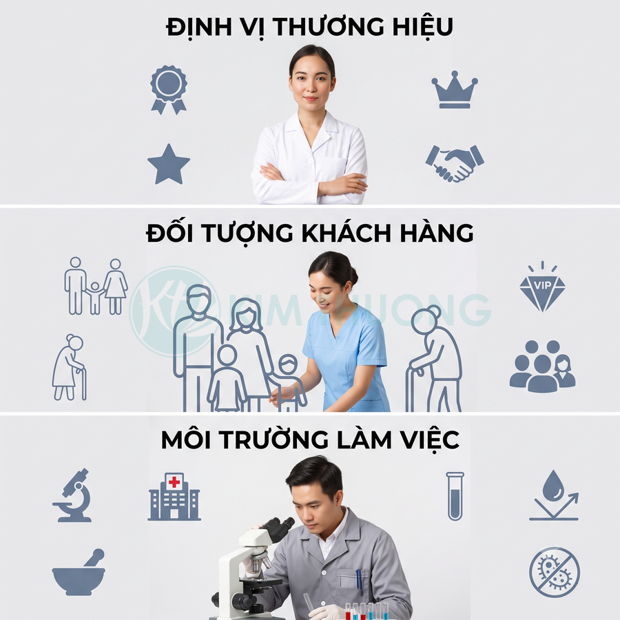 Nhân viên y tế và bác sĩ trong môi trường bệnh viện phòng thí nghiệm, minh họa định vị thương hiệu và đối tượng khách hàng