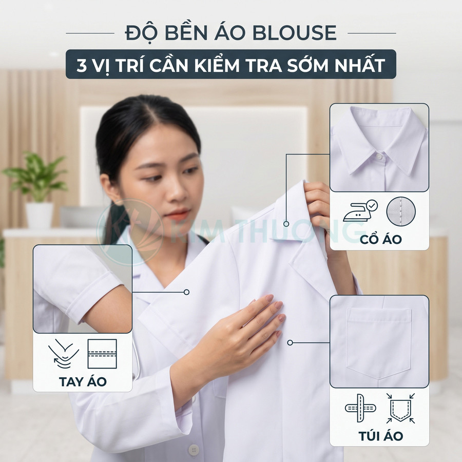 Nhân viên y tế kiểm tra độ bền áo blouse trắng tại cổ tay áo và túi áo
