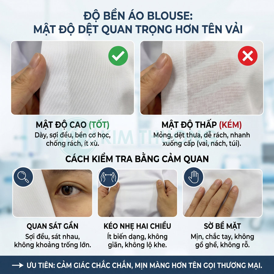 Vải áo blouse dệt mật độ cao, sợi đều và chắc, so sánh với vải dệt thưa dễ rách khi kéo nhẹ.