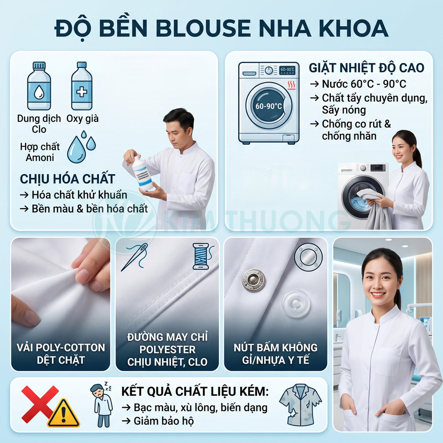 Blouse nha khoa trắng vải poly cotton bền, chịu hóa chất, giặt nhiệt độ cao, nút bấm inox nhựa y tế, đường may chắc chắn