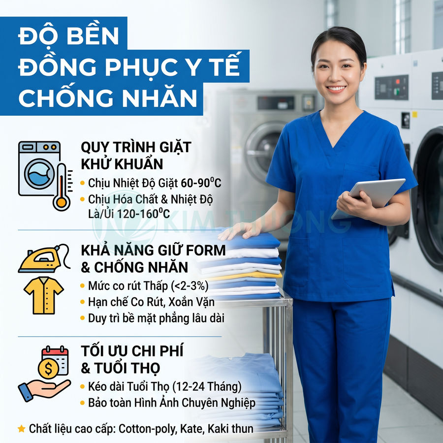 Đồng phục y tế màu xanh chống nhăn, nữ nhân viên bệnh viện cầm tablet đứng cạnh xe đẩy quần áo đã giặt ủi