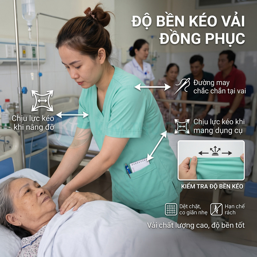 Đồng phục y tá màu xanh chất liệu co giãn bền, đường may chắc chắn khi chăm sóc bệnh nhân trên giường bệnh