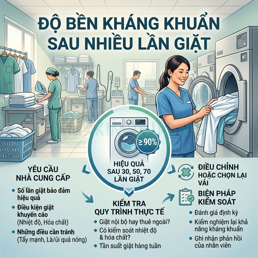 Nhân viên y tế giặt và sấy đồng phục trong phòng giặt, minh họa độ bền kháng khuẩn sau nhiều lần giặt