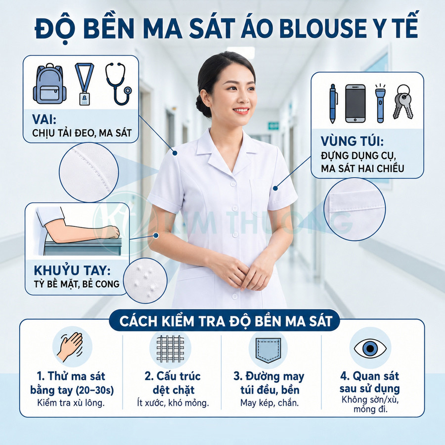 Áo blouse y tế trắng nữ đứng trong hành lang bệnh viện, minh họa độ bền ma sát và cách kiểm tra chất lượng vải
