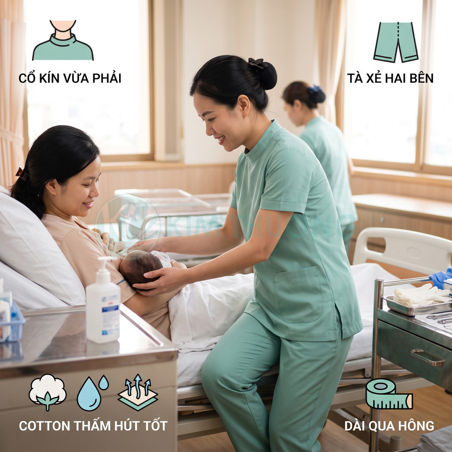 Đồng phục y tá cotton cổ kín tả xẻ hai bên, thấm hút tốt, hỗ trợ chăm sóc mẹ và bé sau sinh