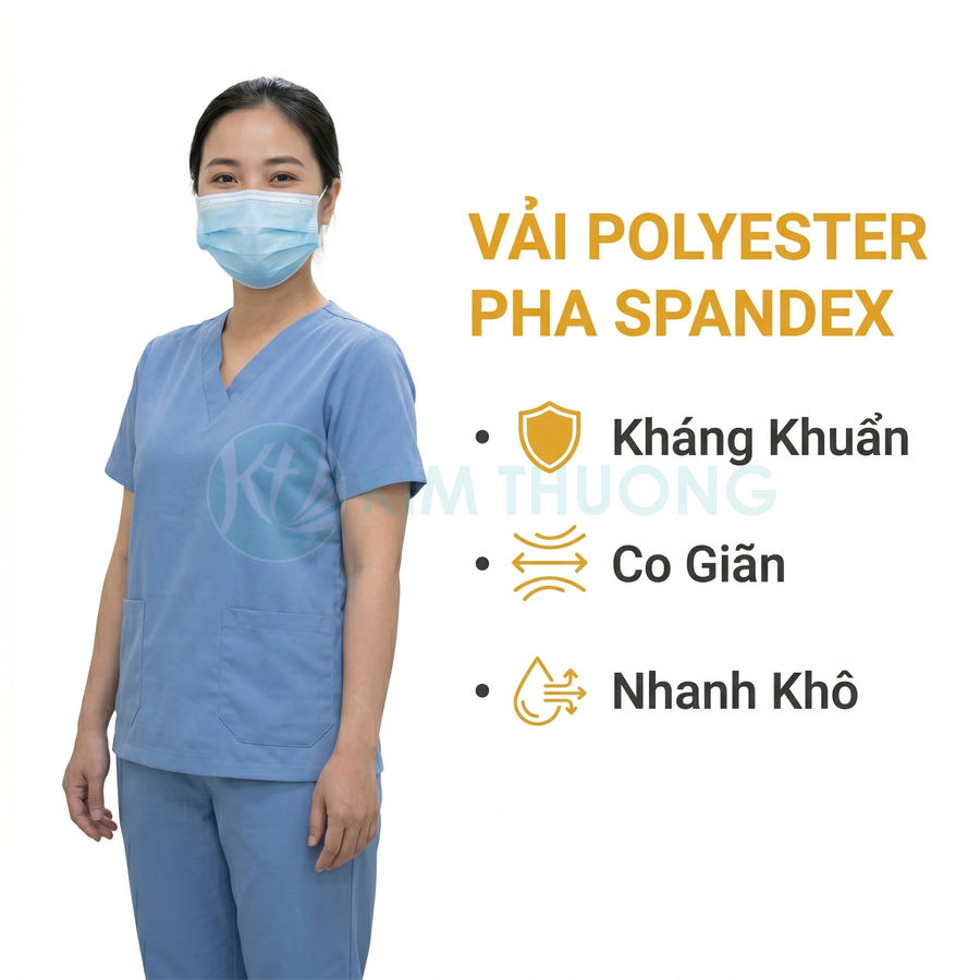 Đồng phục y tá vải polyester pha spandex màu xanh, kháng khuẩn co giãn nhanh khô