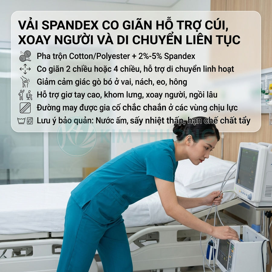 Đồng phục y tá vải spandex co giãn màu xanh dương đang thao tác thiết bị y tế cạnh giường bệnh