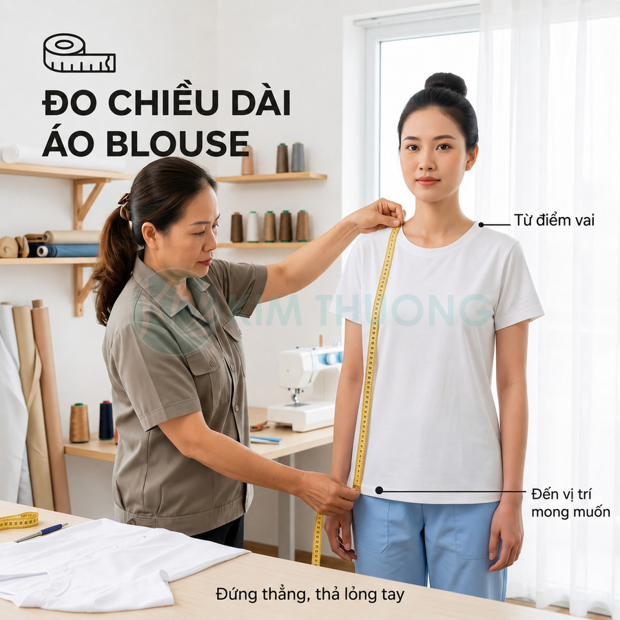 Thợ may dùng thước dây đo chiều dài áo blouse trắng trên người mẫu trong xưởng may
