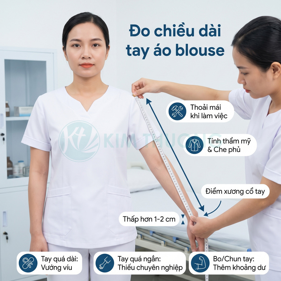 Nhân viên y tế đo chiều dài tay áo blouse trắng bằng thước dây từ vai đến cổ tay