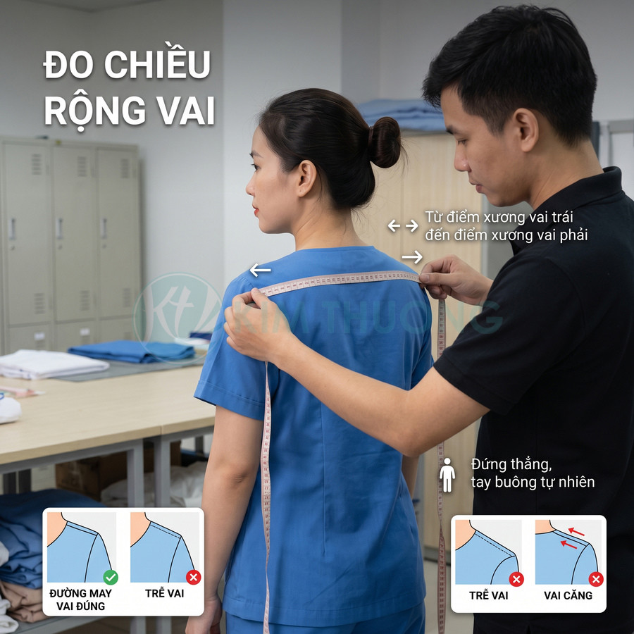 Nhân viên dùng thước dây đo chiều rộng vai cho nữ khách mặc đồng phục y tế màu xanh