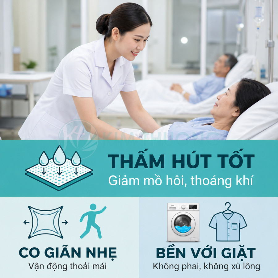 Đồng phục y tá thấm hút tốt, co giãn nhẹ, bền với giặt giúp nhân viên y tế chăm sóc bệnh nhân thoải mái