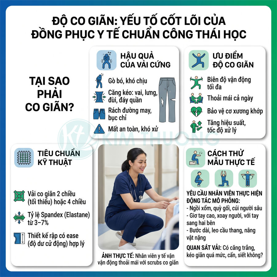 Nhân viên y tế mặc đồng phục scrubs xanh co giãn, ngồi khám cho bệnh nhân trong bệnh viện