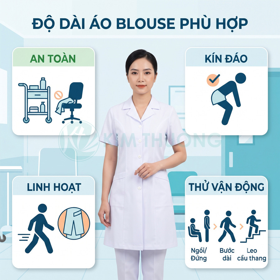 Nữ nhân viên y tế mặc áo blouse trắng tay ngắn dáng dài, thiết kế kín đáo linh hoạt khi làm việc