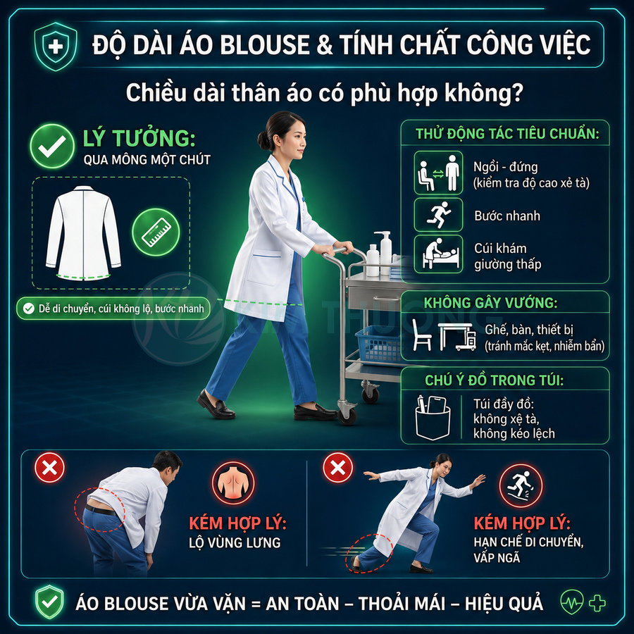 Bác sĩ mặc áo blouse trắng dài qua mông, quần xanh, đẩy xe y tế trong bệnh viện