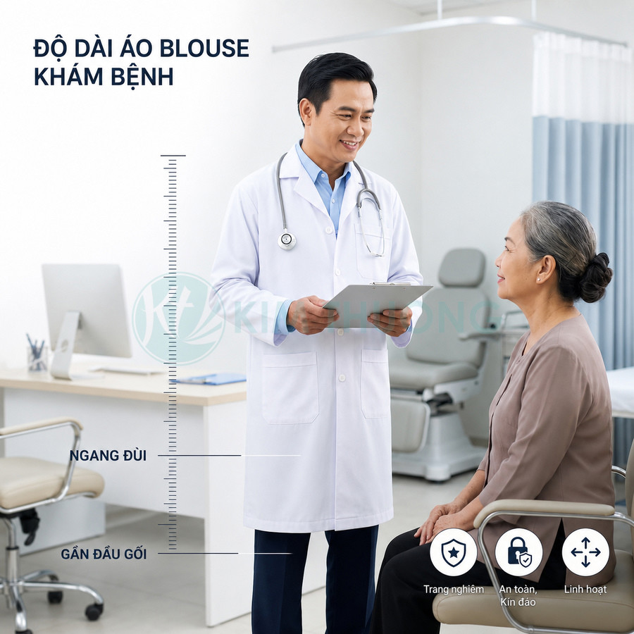 Bác sĩ mặc áo blouse trắng dài ngang gối đang tư vấn cho bệnh nhân nữ lớn tuổi trong phòng khám