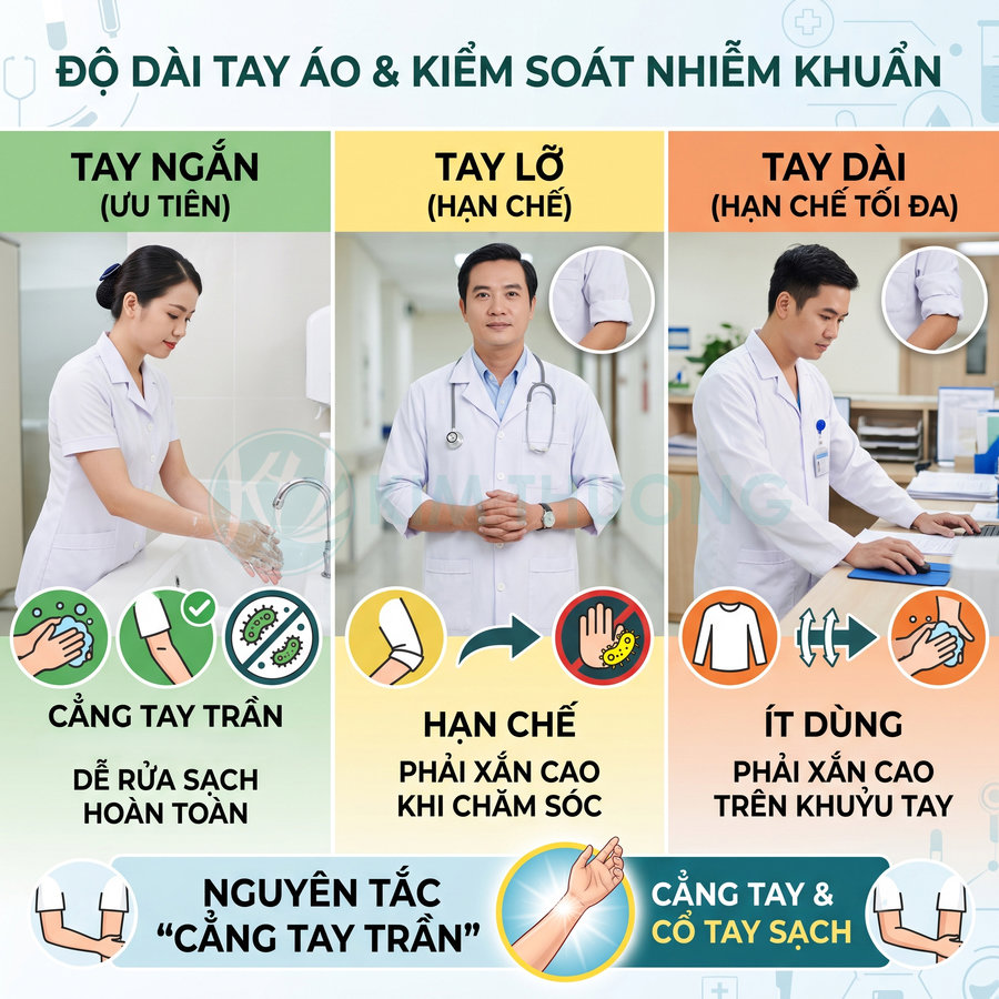 Bác sĩ mặc áo blouse tay ngắn, tay lỡ và tay dài minh họa nguyên tắc cẳng tay trần kiểm soát nhiễm khuẩn
