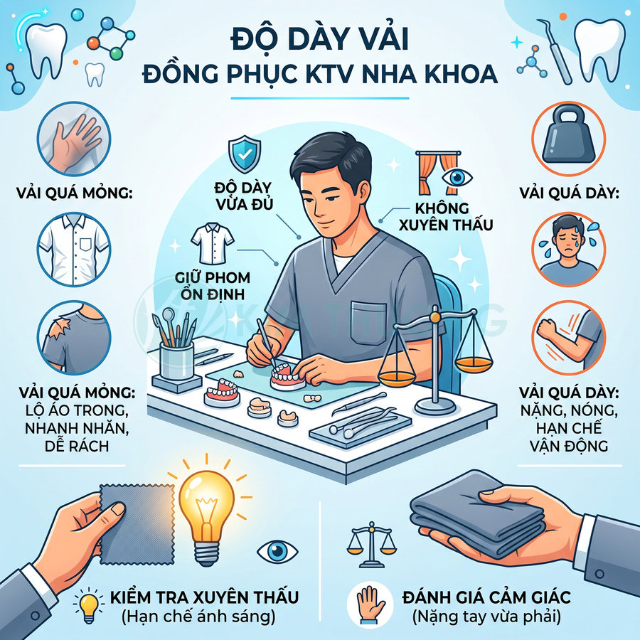 Minh họa kỹ thuật viên nha khoa mặc đồng phục màu xám, hướng dẫn chọn độ dày vải phù hợp khi may đồ nghề