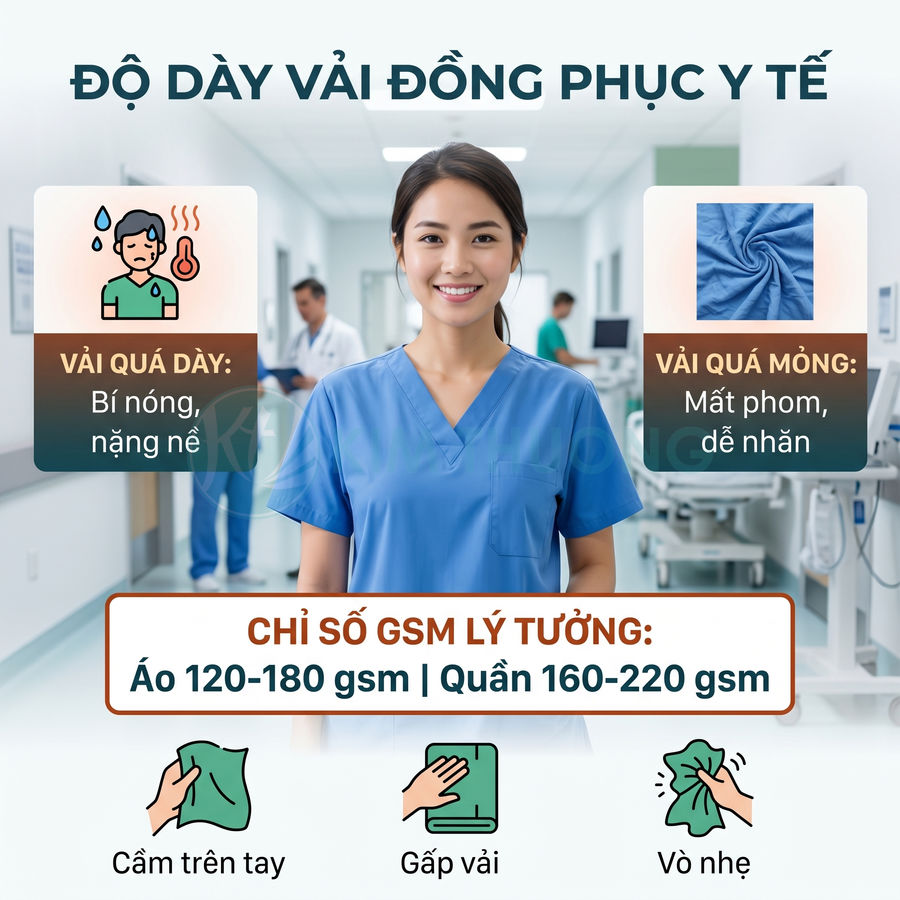 Nữ y tá mặc đồng phục y tế màu xanh dương, minh họa độ dày vải và chỉ số GSM lý tưởng cho áo quần scrub