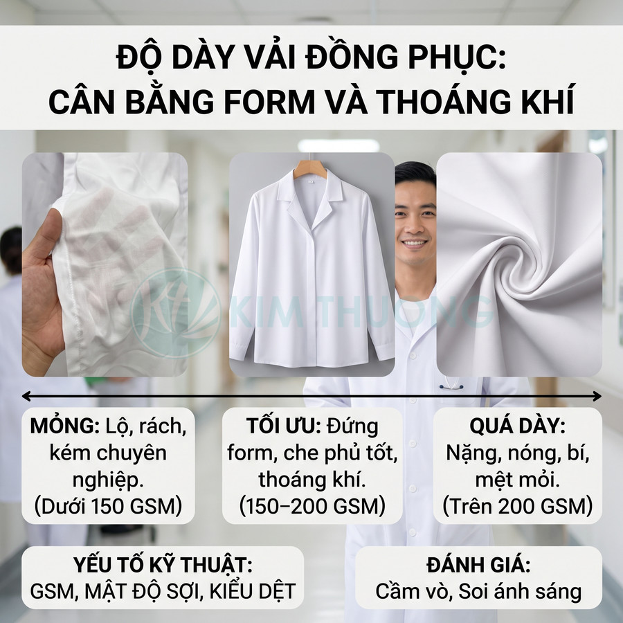 So sánh độ dày vải áo blouse đồng phục y tế, minh họa các mức GSM và ưu nhược điểm từng loại