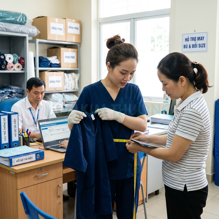 Nhân viên đo size và tư vấn chọn áo đồng phục y tế màu xanh navy cho khách hàng