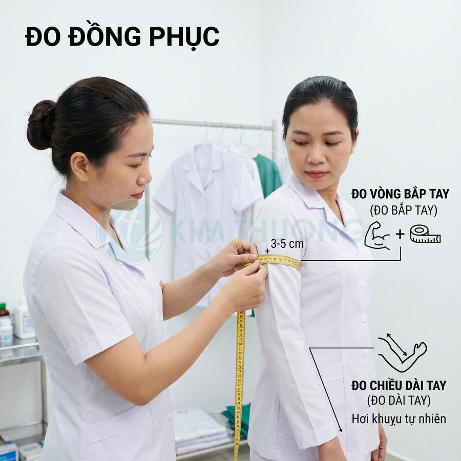 Nhân viên đo vòng bắp tay cho nữ y tá mặc áo blouse trắng để may đồng phục y tế vừa vặn