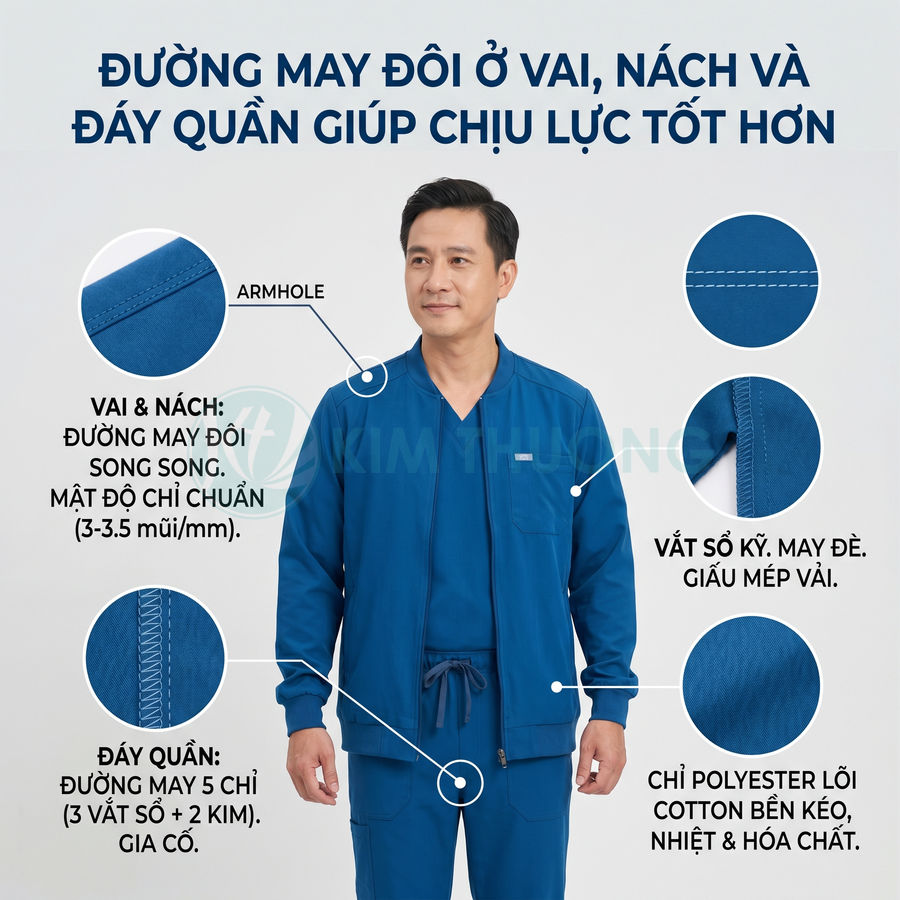 Bộ đồ scrub y tế nam màu xanh dương với áo khoác kéo khóa, nhấn mạnh đường may đôi bền chắc