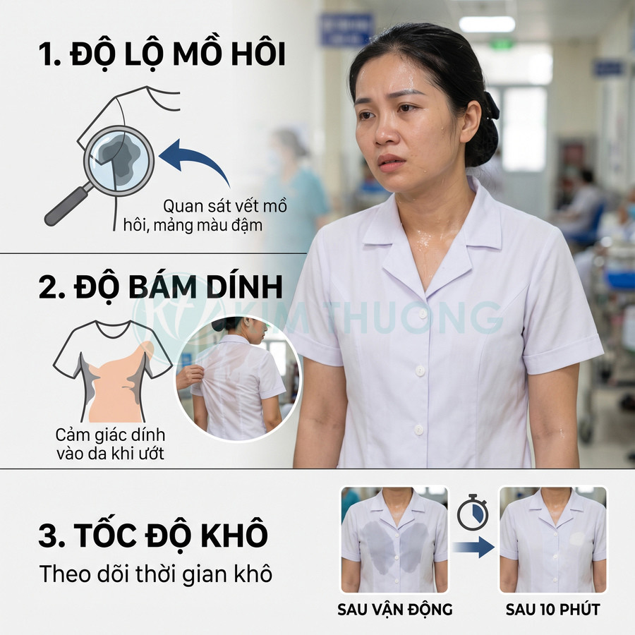 Đồng phục y tá thấm mồ hôi, bám dính và khô chậm được minh họa qua các mức độ lộ mồ hôi và tốc độ khô