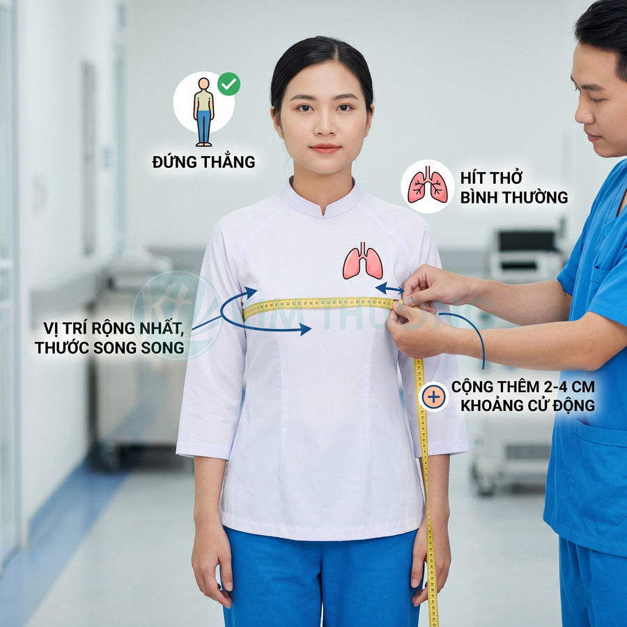 Nhân viên y tế đo vòng ngực nữ bệnh nhân bằng thước dây trong phòng khám