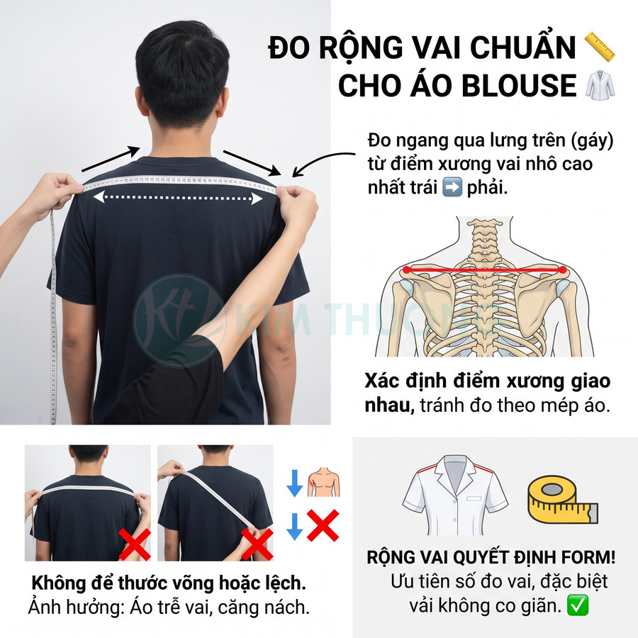 Hướng dẫn đo rộng vai để chọn áo blouse, đặt thước ngang lưng qua hai điểm xương vai cao nhất