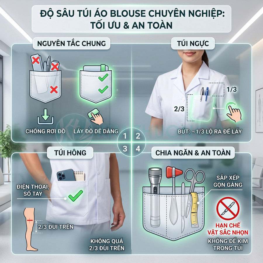 Áo blouse trắng y khoa với thiết kế túi ngực và túi hông sâu, chia ngăn gọn gàng để đựng bút, điện thoại, sổ tay