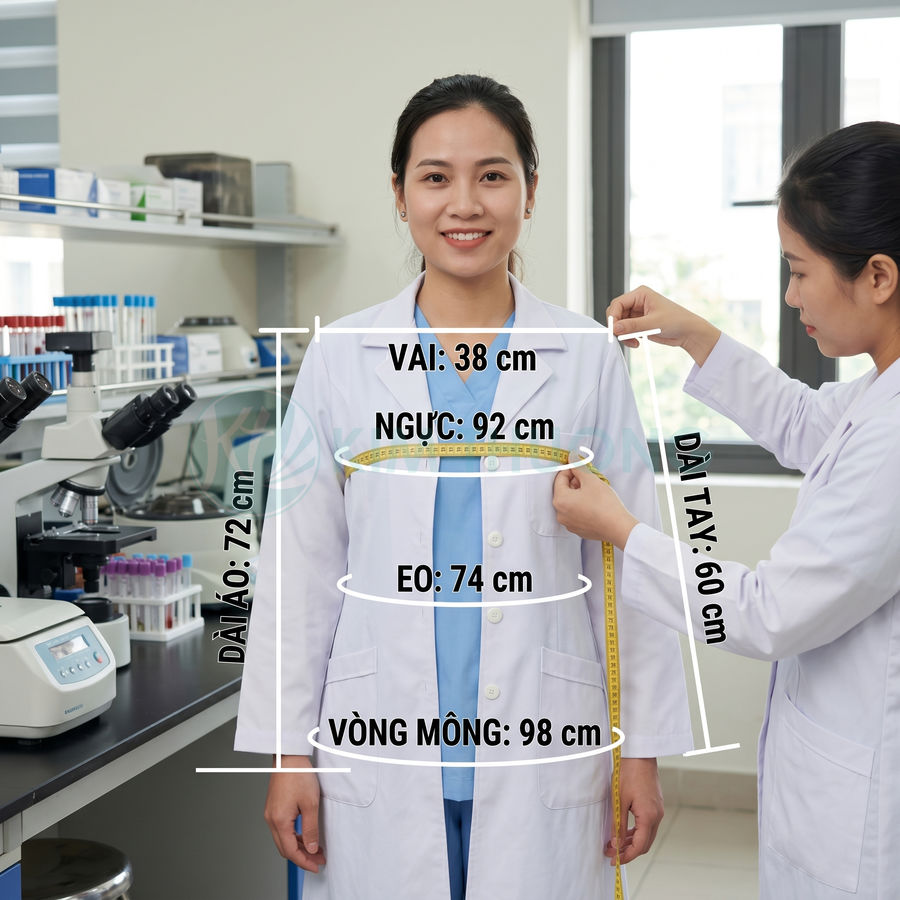 Bác sĩ nữ mặc áo blouse trắng được đo số đo cơ thể bằng thước dây trong phòng thí nghiệm