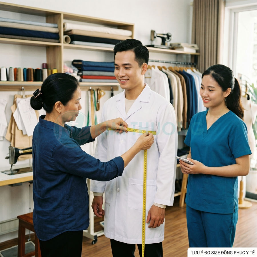 Thợ may đo size áo blouse bác sĩ nam, nữ y tá đứng cạnh trong cửa hàng đồng phục y tế